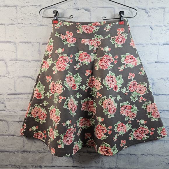 Matilda Jane XS Womens Skirt Cheryl Skater Pocket Gray Floral Leaves - Picture 1 of 6